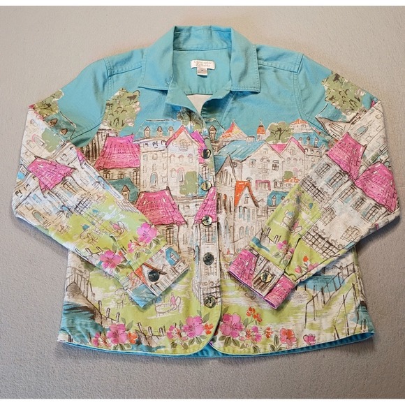 Christopher & Banks Button Blazer Jacket Houses Town City Multicolor Sz M - Picture 1 of 10